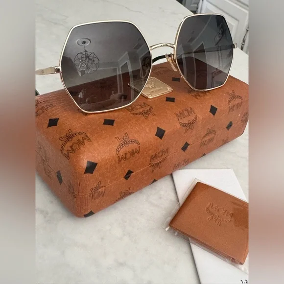 MCM Square-Frame Visetos-Print Sunglasses With Brown Case/Cleaning Cloth